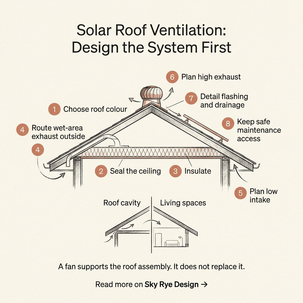 Eight-step infographic for designing a roof assembly before adding a solar roof fan