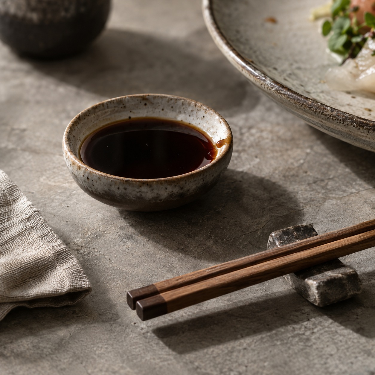 Small soy dish and parallel chopsticks angled beside the edge of a sushi plate