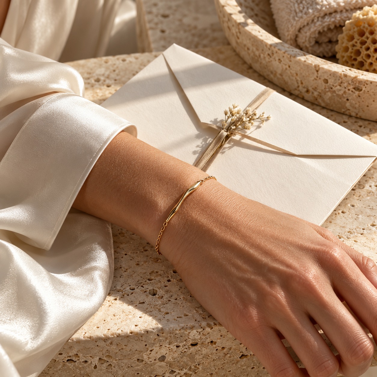 Spa gift with bracelet Slender bracelet styled beside an ivory spa gift envelope | Sky Rye Design Slender bracelet styled beside an ivory spa gift envelope