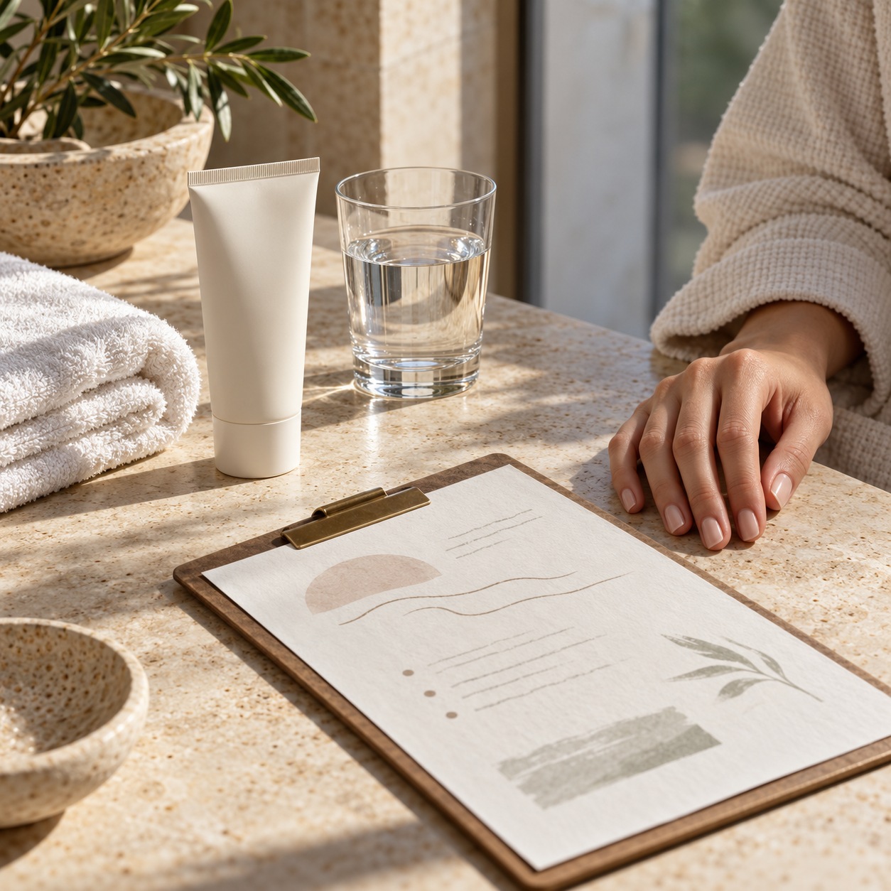 Spa treatment aftercare and SPF Written spa aftercare sheet beside sunscreen and a glass of water | Sky Rye Design Written spa aftercare sheet beside sunscreen and a glass of water