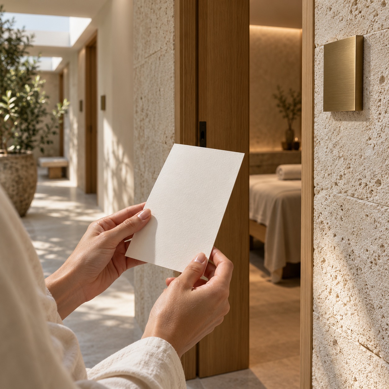 Spa treatment menu and wayfinding Client holding a tactile treatment menu in a modern spa corridor | Sky Rye Design Client holding a tactile treatment menu in a modern spa corridor