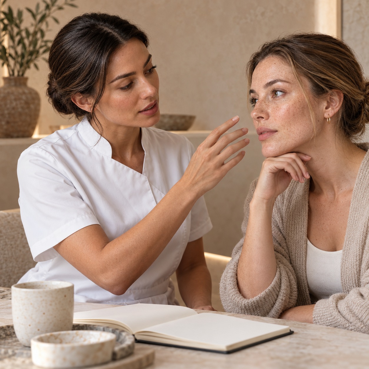 Professional spa treatment consultation Skin professional discussing treatment goals with a client during consultation | Sky Rye Design Skin professional discussing treatment goals with a client during consultation
