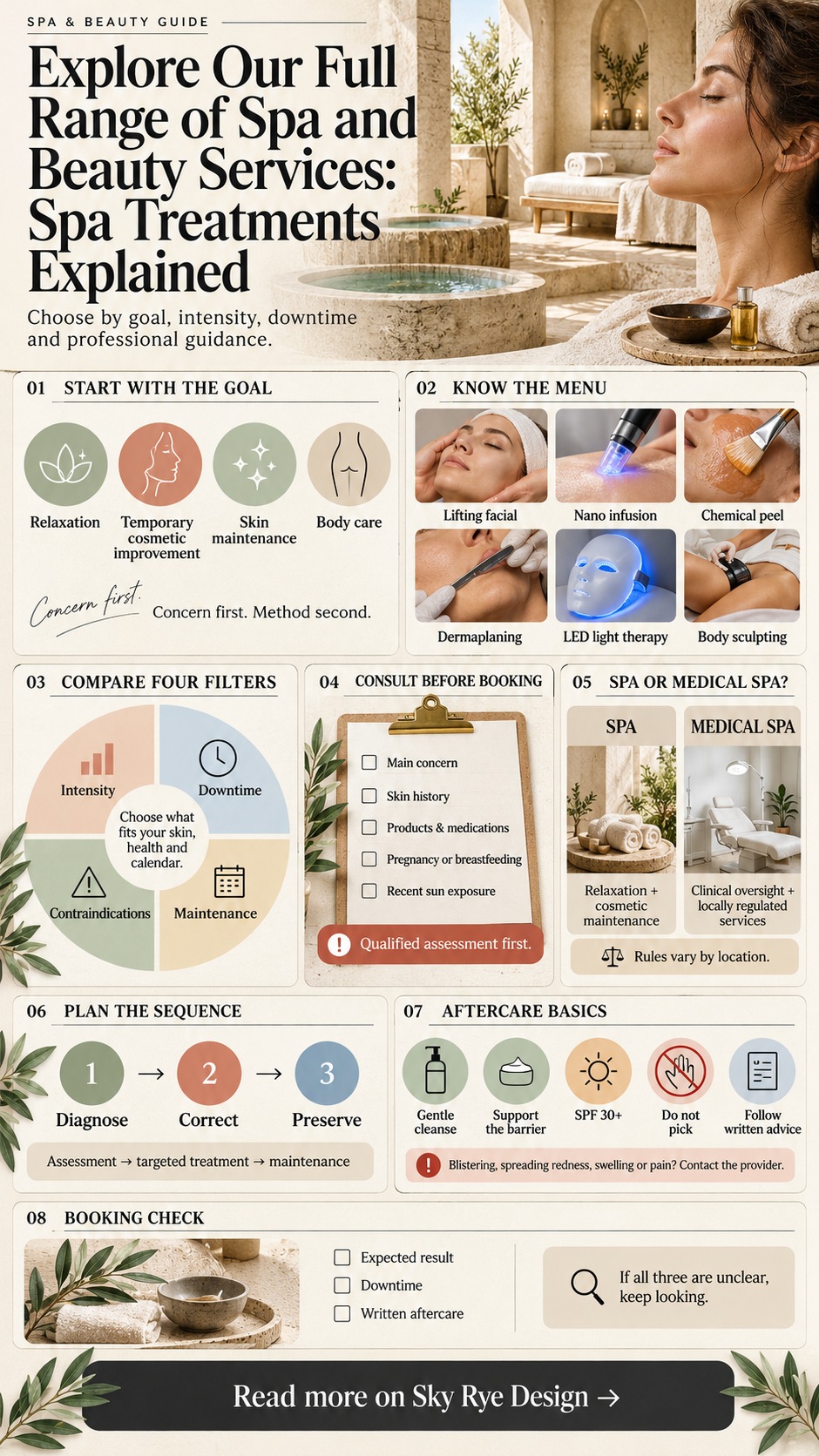 Spa treatments explained infographic Infographic comparing spa treatments, consultation questions, sequencing, and aftercare | Sky Rye Design Infographic comparing spa treatments, consultation questions, sequencing, and aftercare