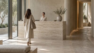 Modern travertine spa reception with a client approaching the desk