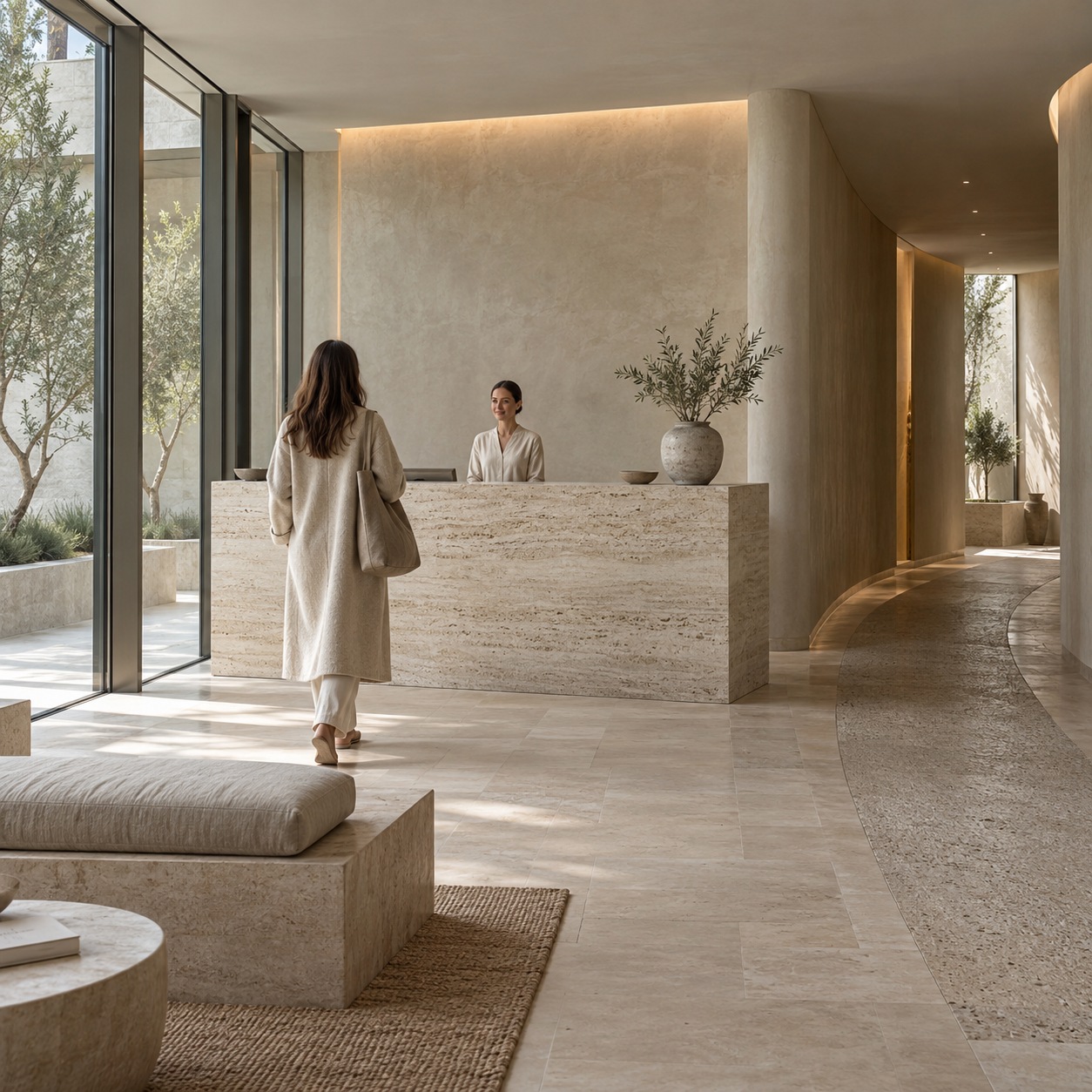 Modern spa reception and client journey Modern travertine spa reception with a client approaching the desk | Sky Rye Design Modern travertine spa reception with a client approaching the desk