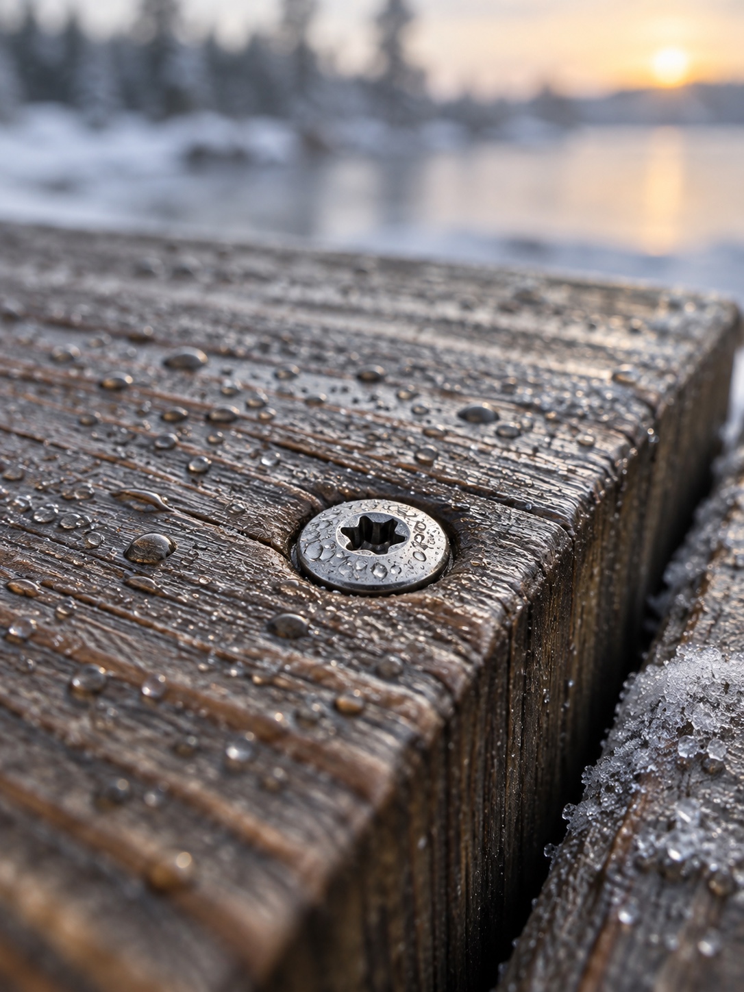 Stainless Steel Deck Fastener in Winter Stainless steel deck fastener with winter condensation on the board edge | Sky Rye Design Stainless steel deck fastener with winter condensation on the board edge