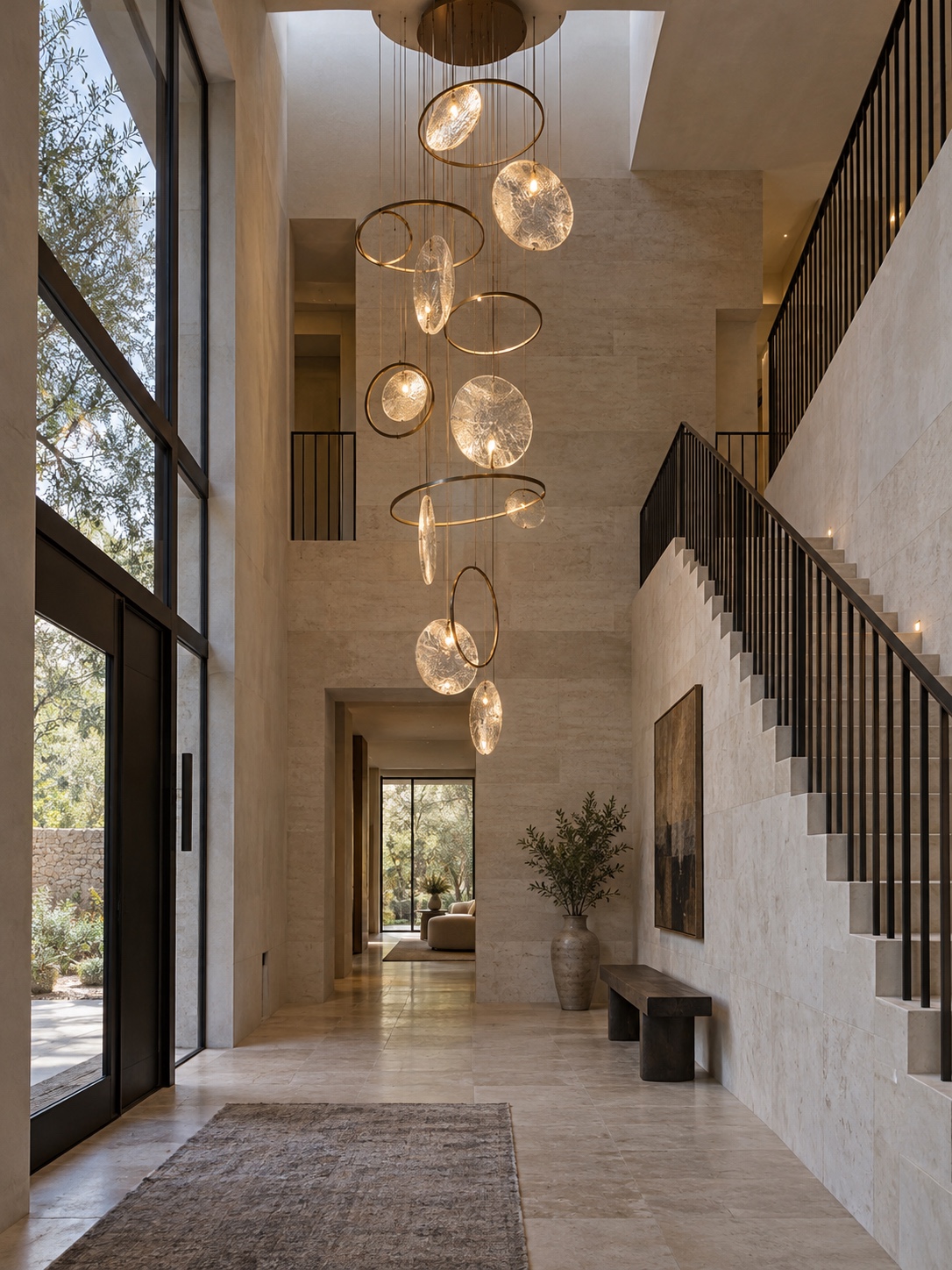 Long sculptural chandelier filling the vertical space of a modern high-ceiling foyer