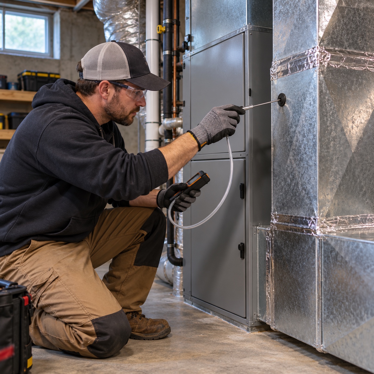Static Pressure Testing Near an Air Handler HVAC technician using a pressure probe at ductwork near an air handler | Sky Rye Design HVAC technician using a pressure probe at ductwork near an air handler