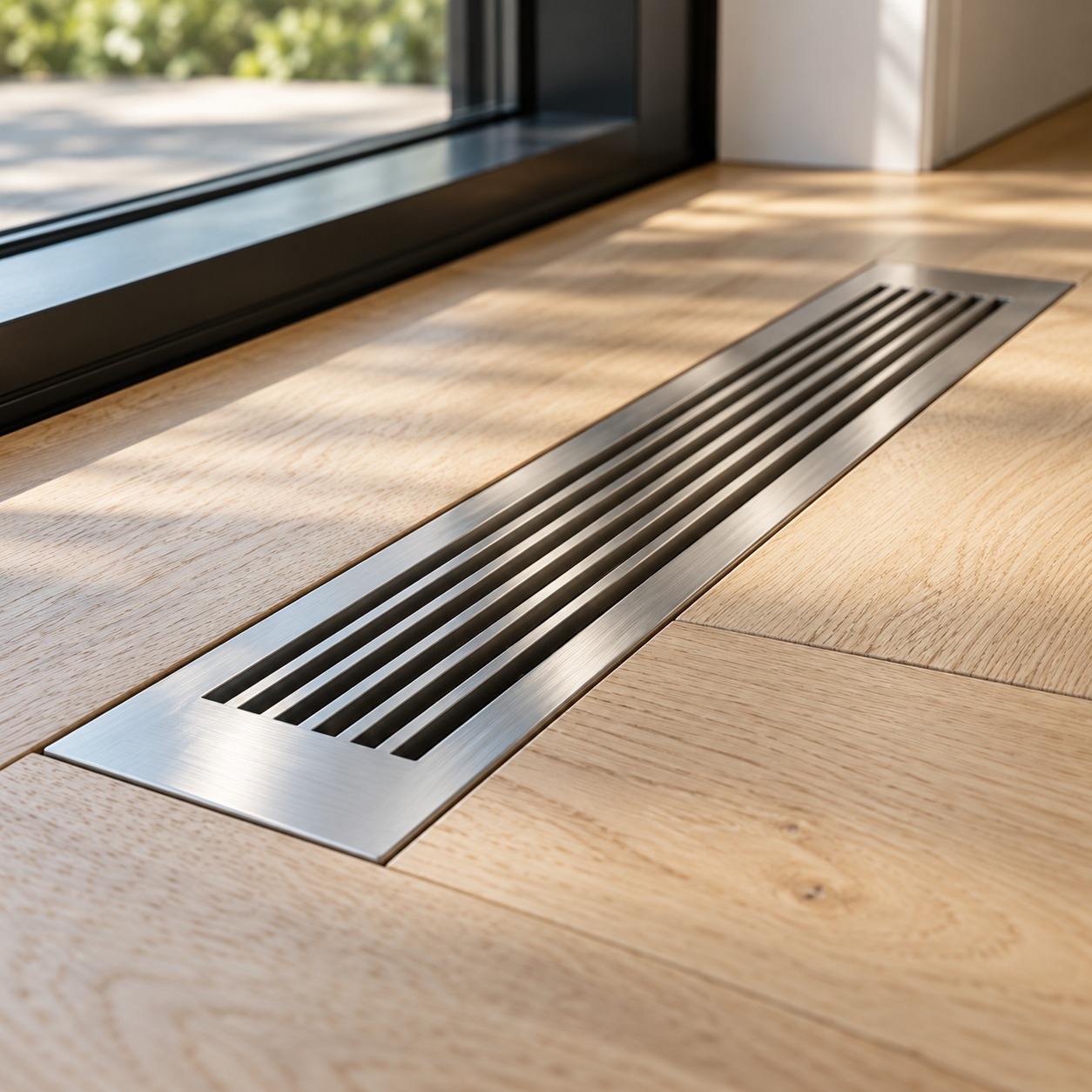 Steel air register oak floor Brushed steel air register fitted into a pale oak floor. | Sky Rye Design Brushed steel air register fitted into a pale oak floor.