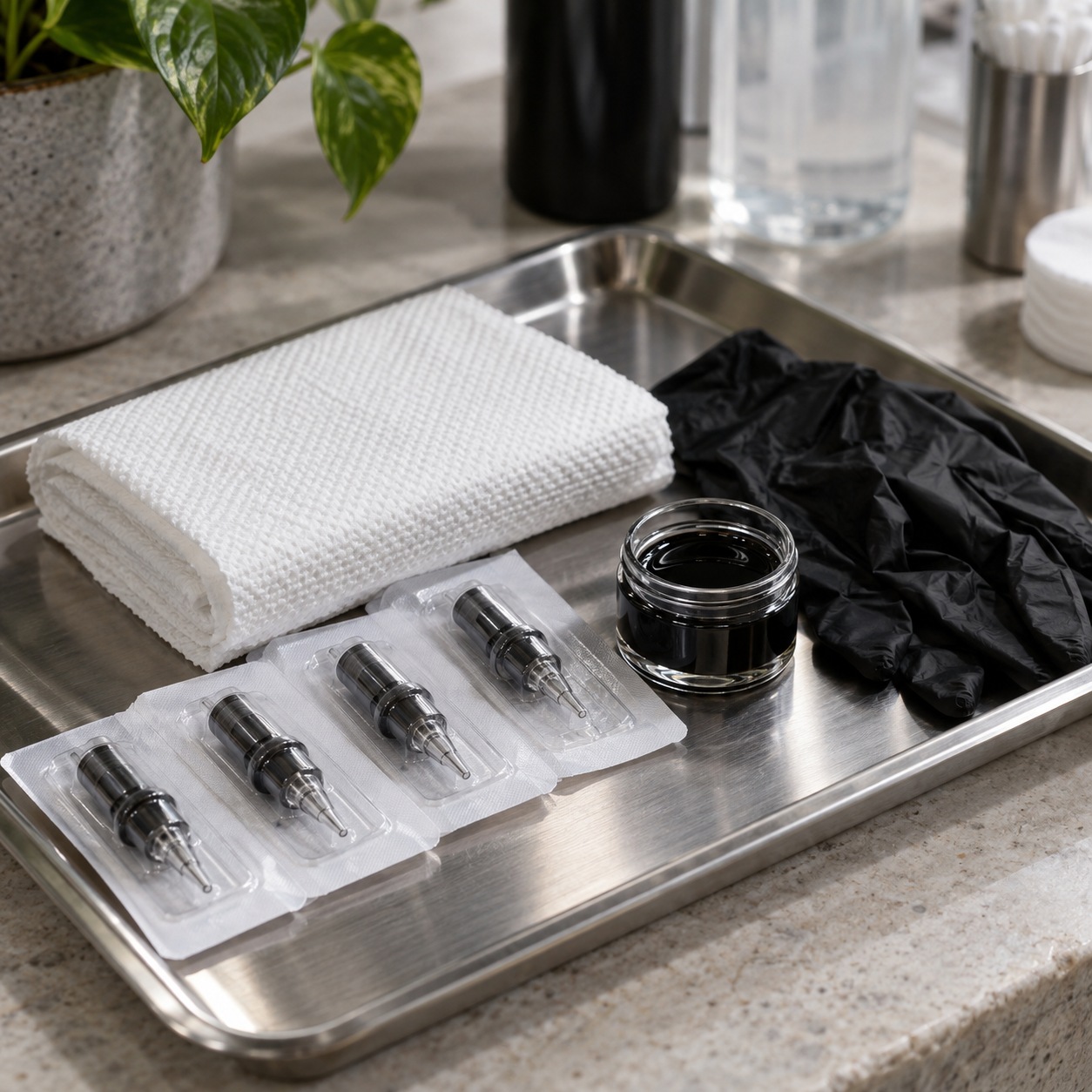 Sealed needle cartridges, nitrile gloves and ink arranged on a steel tray