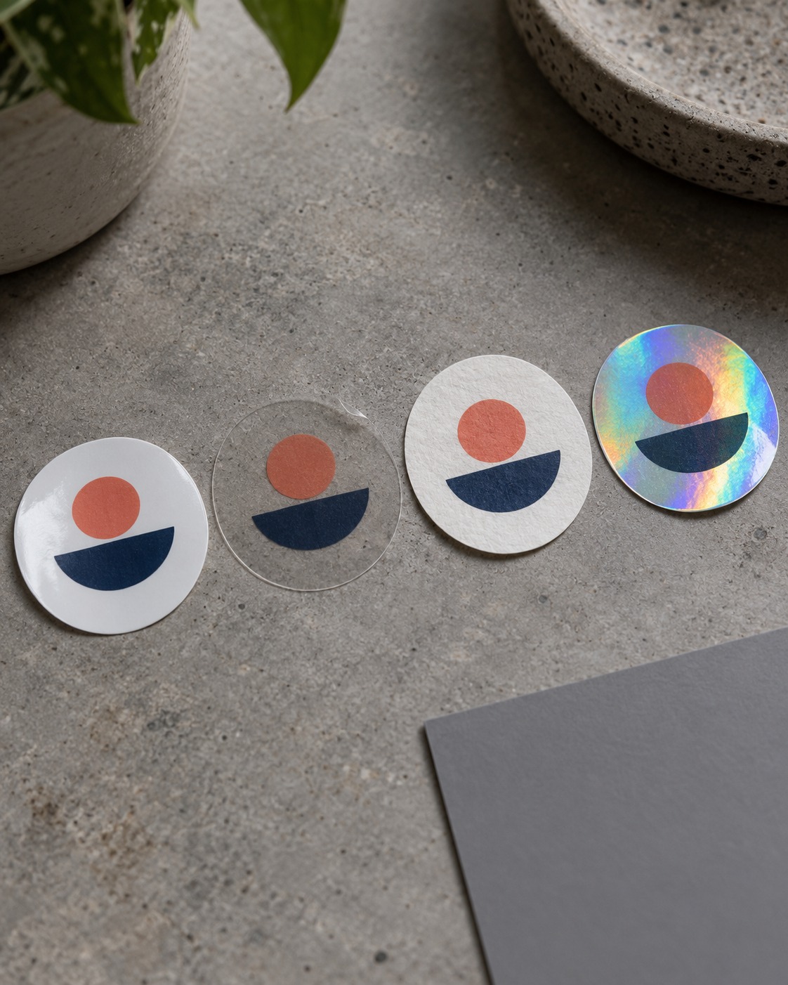 Sticker Color Across Different Materials Same sticker artwork printed on white vinyl, clear film, matte paper and holographic stock | Sky Rye Design Same sticker artwork printed on white vinyl, clear film, matte paper and holographic stock