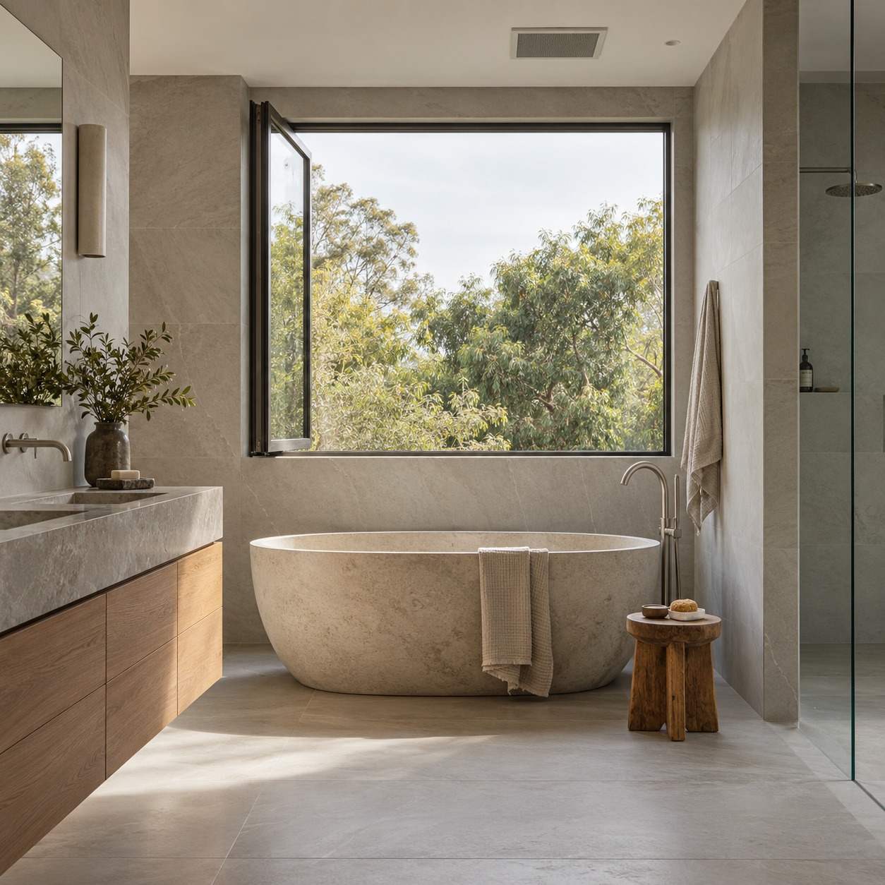 Stone bathroom window ventilation Stone bathtub beneath an open bathroom window with a discreet ceiling fan grille. | Sky Rye Design Stone bathtub beneath an open bathroom window with a discreet ceiling fan grille.