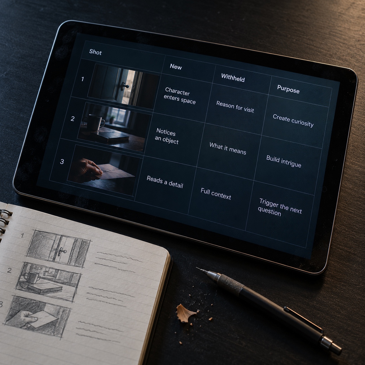 Storyboard information plan on a tablet A tablet displaying a compact storyboard plan for new and withheld information | Sky Rye Design A tablet displaying a compact storyboard plan for new and withheld information
