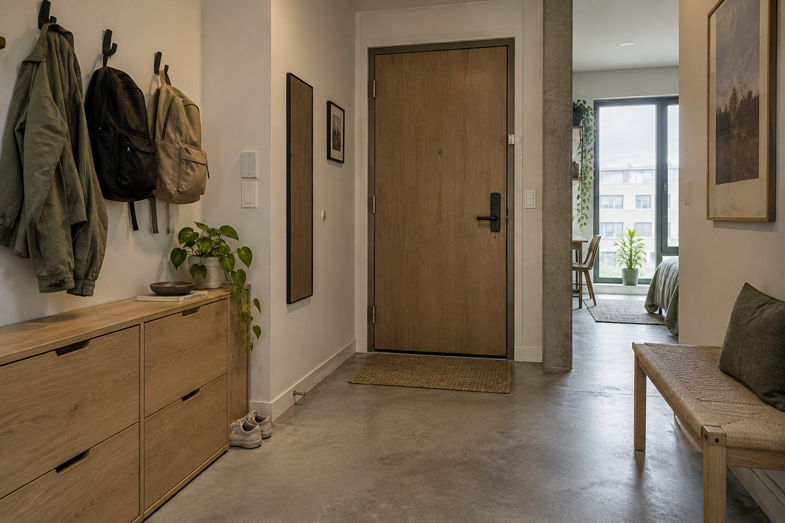 Student apartment entry with hooks, shelves and closed bag storage