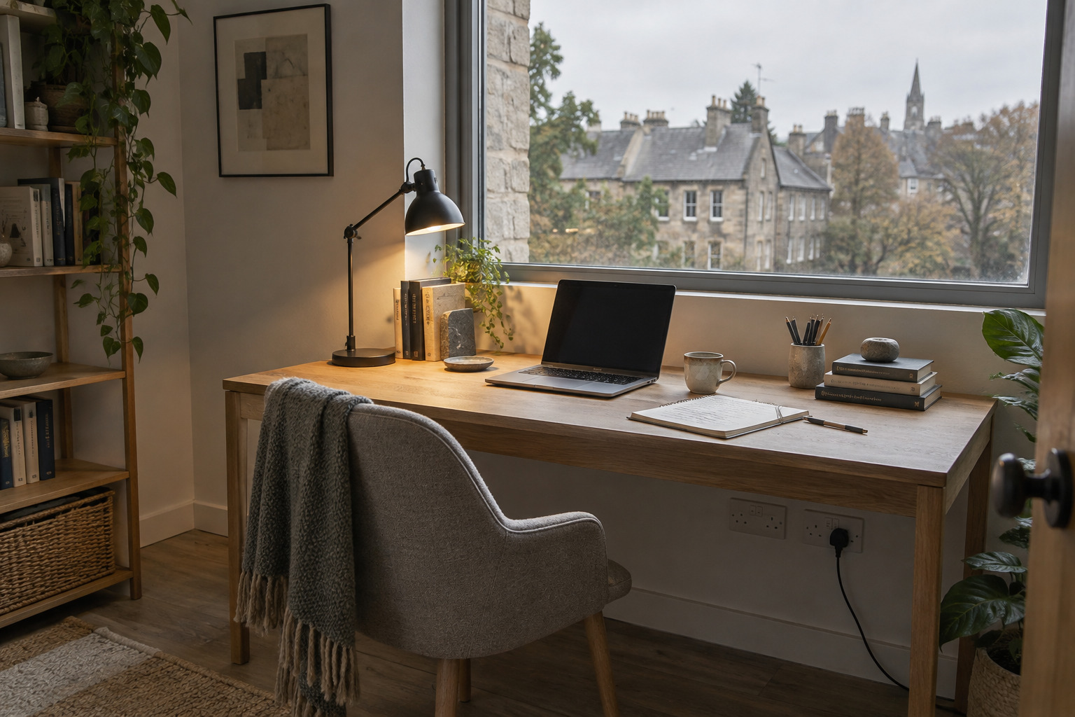 Student desk with task lamp, laptop space and side daylight