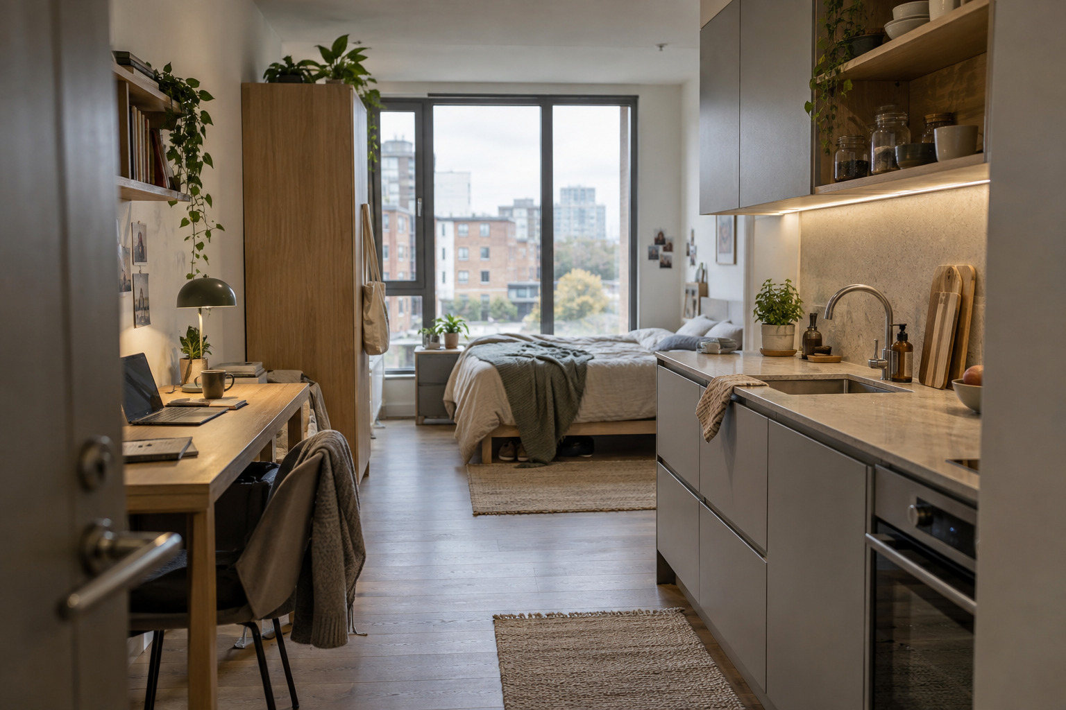 Well-planned student apartment showing desk, storage and clear circulation