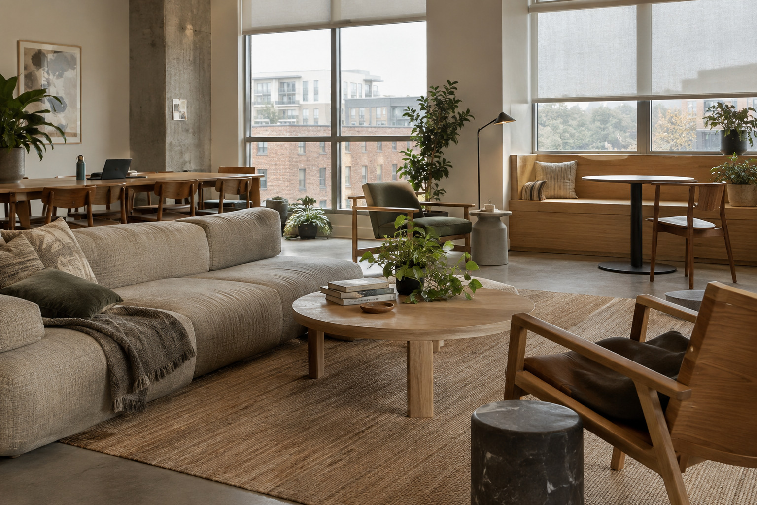 Bright student lounge with plants, soft seating and usable window shades