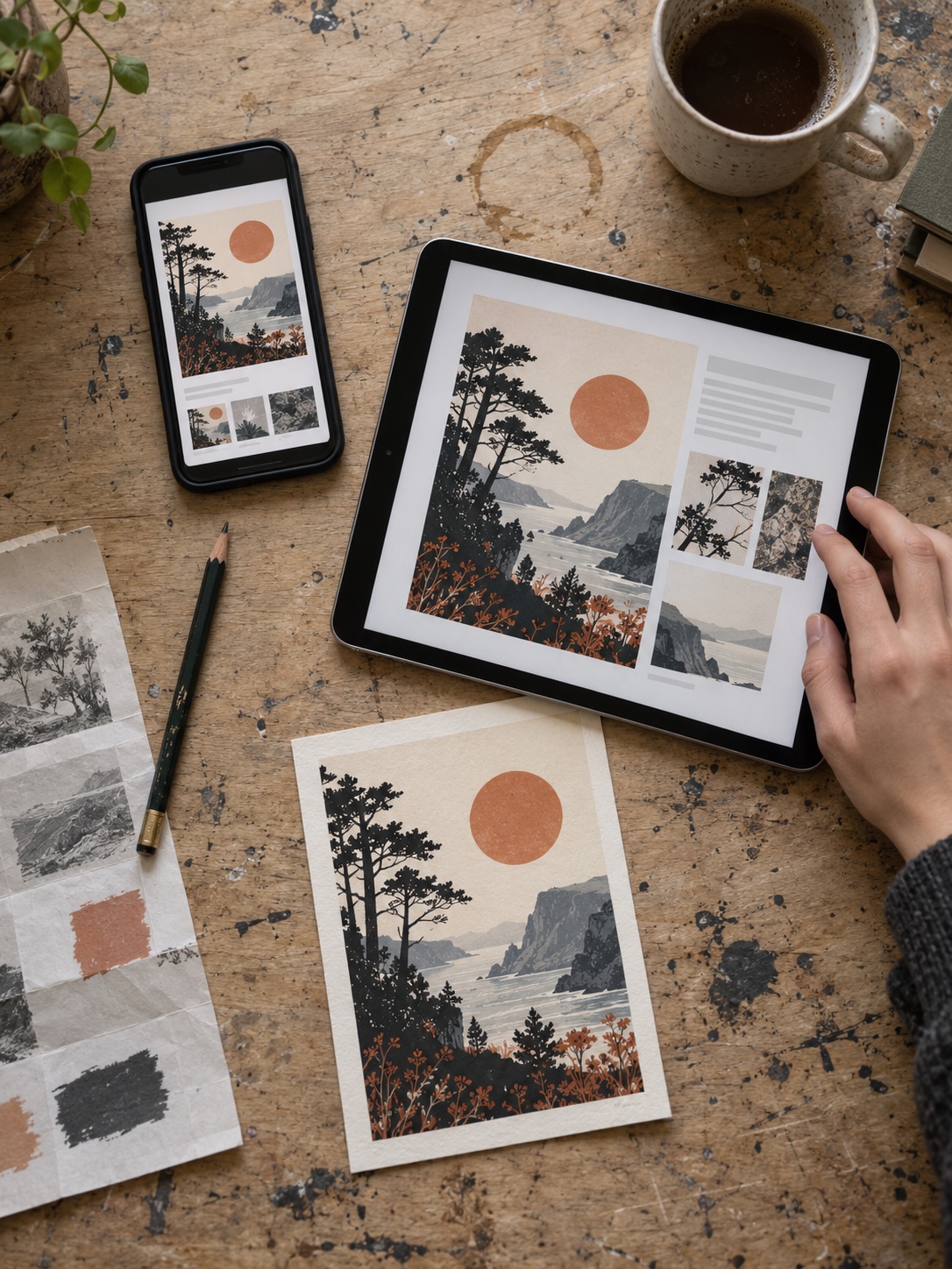 One project several ways in Overhead view of a studio table with the same project shown on a phone, a tablet and a printed card, laid side by side | Sky Rye Design Overhead view of a studio table with the same project shown on a phone, a tablet and a printed card, laid side by side