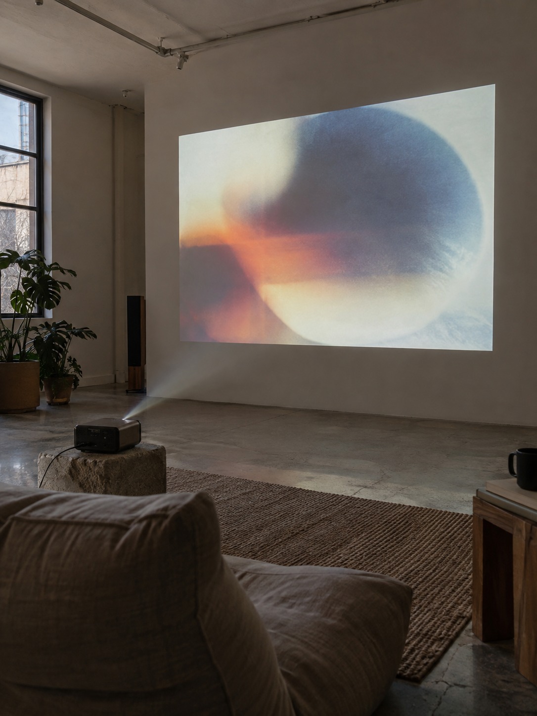 Motion graphic projected in a studio Motion graphic projected onto a wall in a minimalist creative studio | Sky Rye Design Motion graphic projected onto a wall in a minimalist creative studio