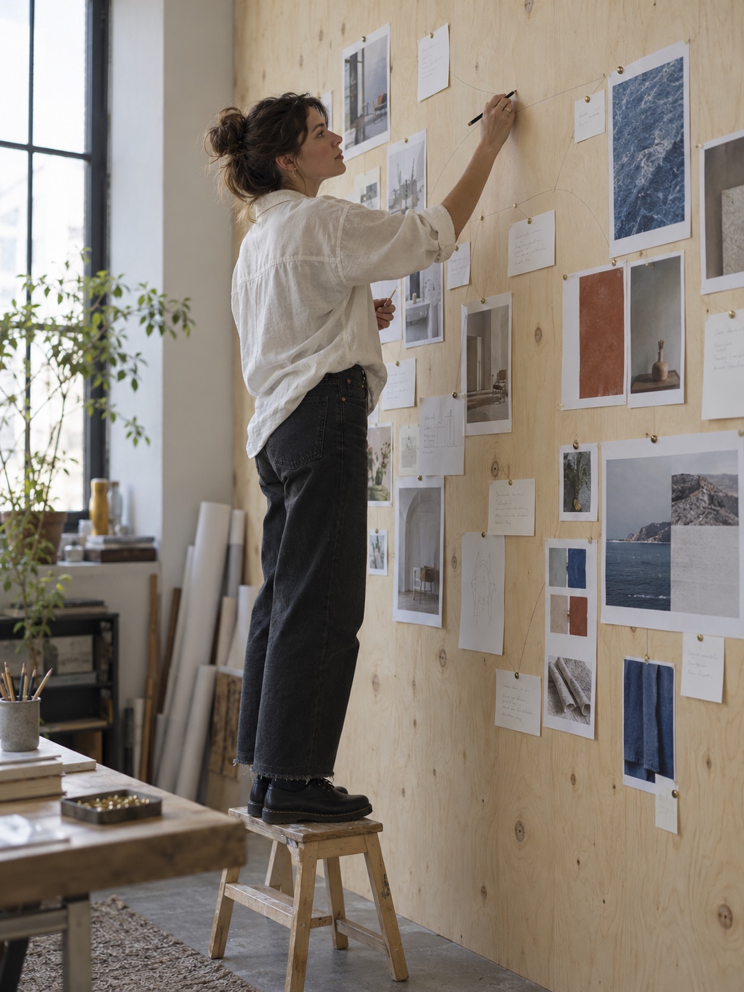 Mapping how projects relate Designer draws pencil lines between pinned project printouts and small index cards on a studio wall, linking related ceramic commissions | Sky Rye Design Designer draws pencil lines between pinned project printouts and small index cards on a studio wall, linking related ceramic commissions