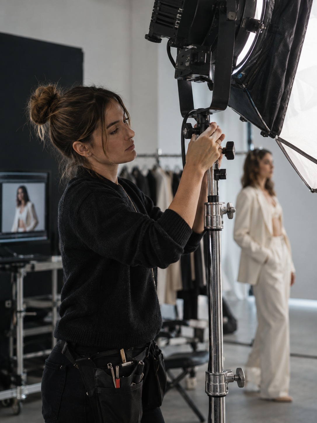 Stylist adjusting lighting on a video set Stylist adjusting studio lighting during a video shoot | Sky Rye Design Stylist adjusting studio lighting during a video shoot