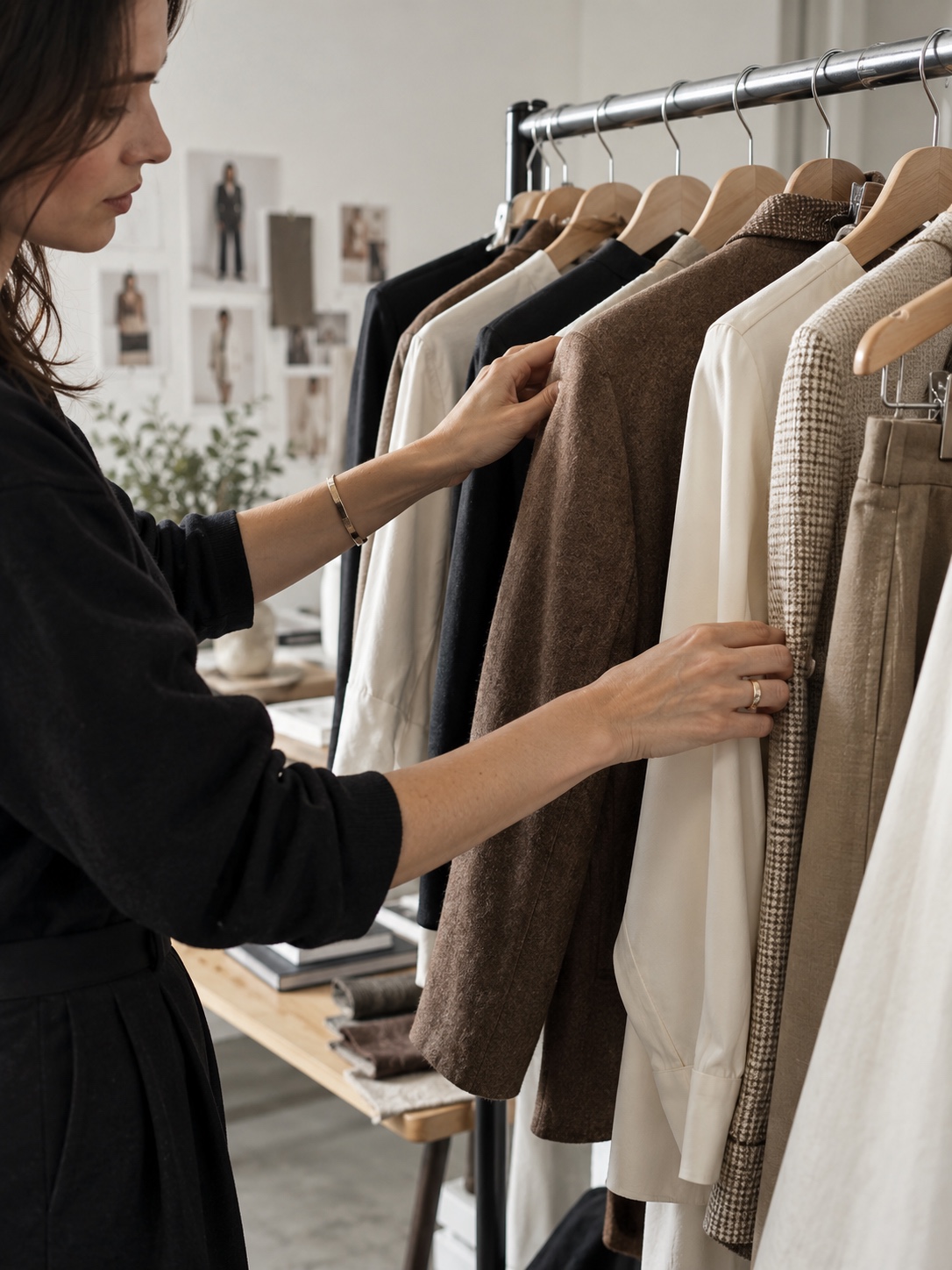 Stylist arranging garments for a shoot Stylist arranging garments on a clothing rack in soft studio light | Sky Rye Design Stylist arranging garments on a clothing rack in soft studio light