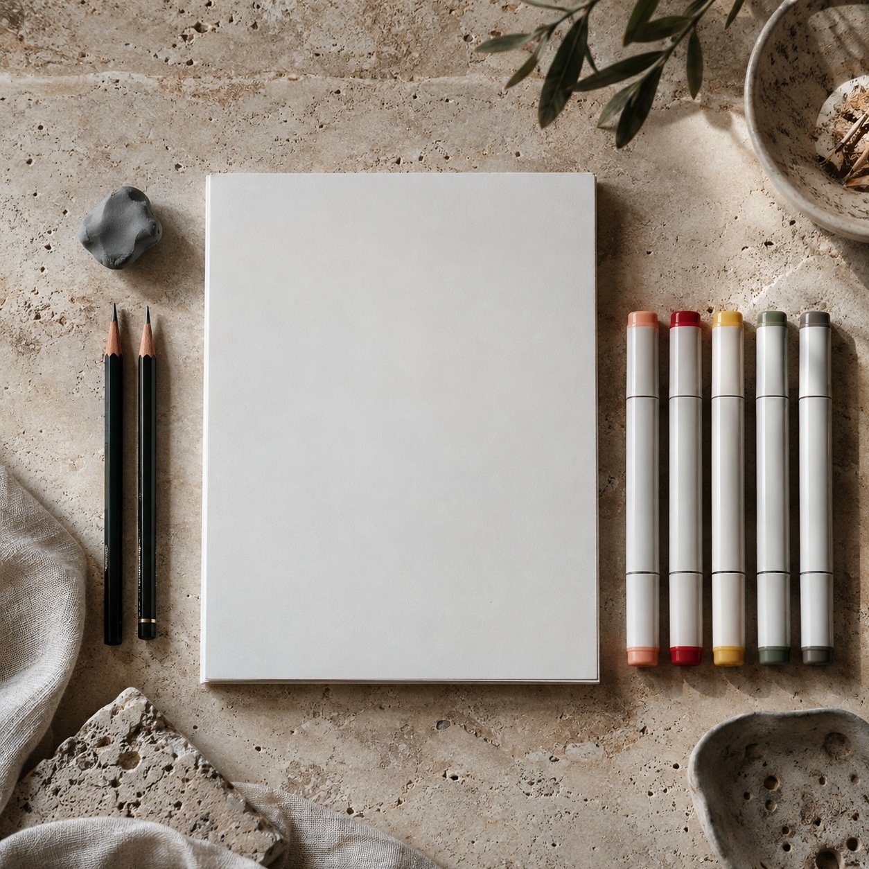 Top-down arrangement of graphite pencils, kneaded eraser, Bristol paper and five colored markers