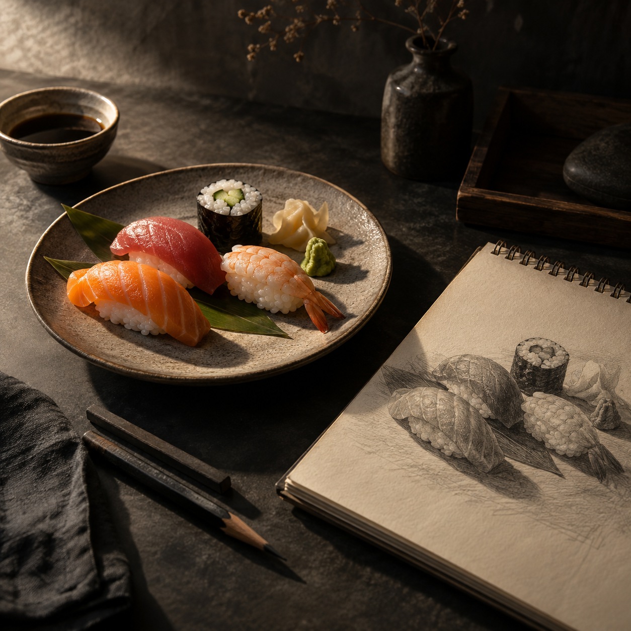 Plate of sushi under one side light with visible core and cast shadows beside a matching sketch