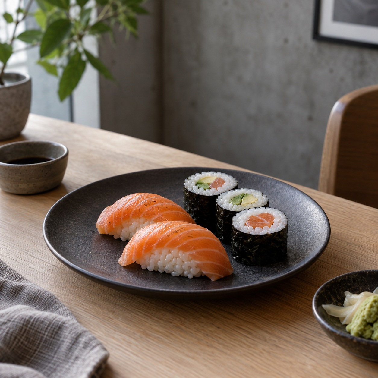 Two nigiri and three maki arranged on a dark plate as a drawing reference