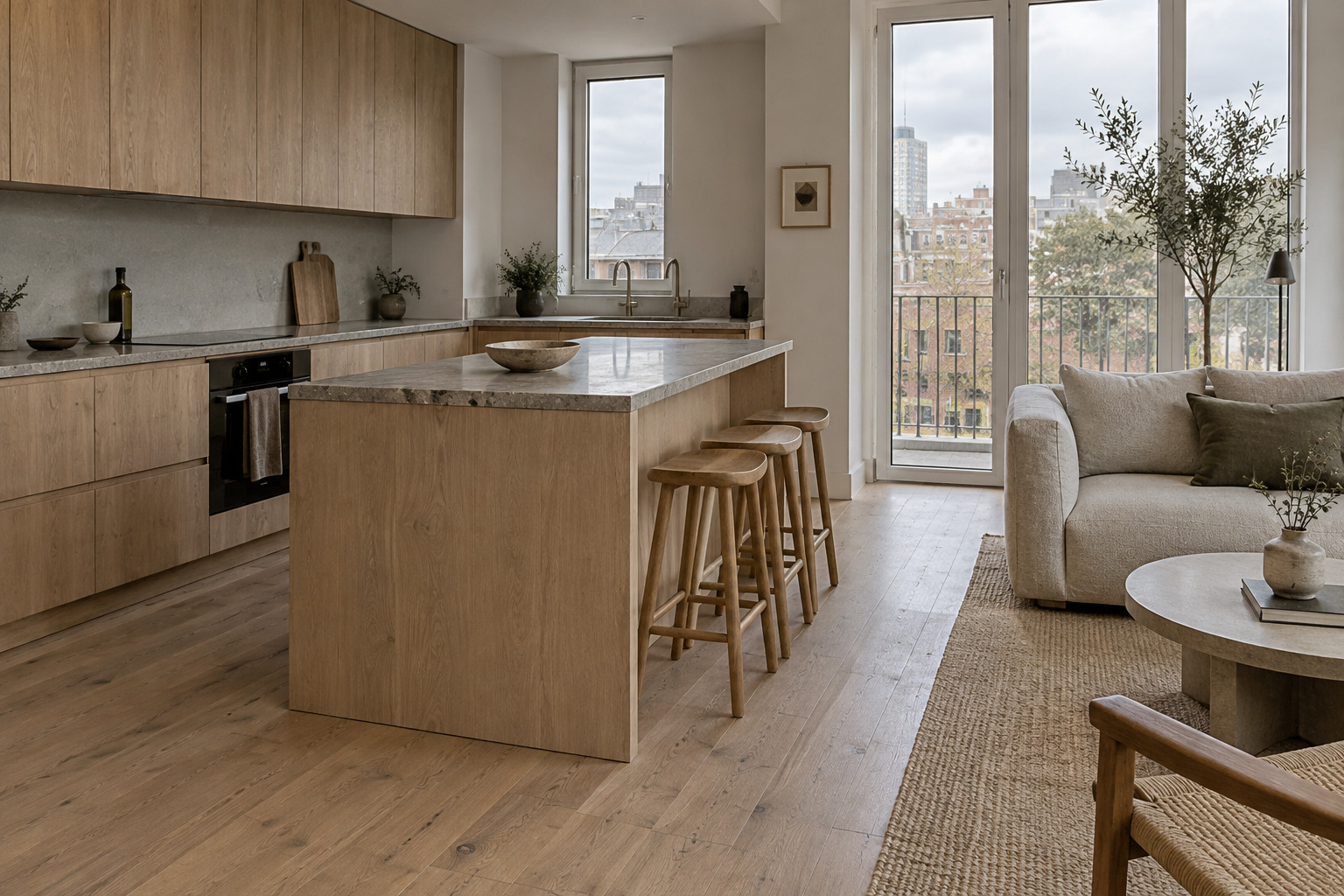 Pale wood, matte stone and woven textiles in a durable apartment interior