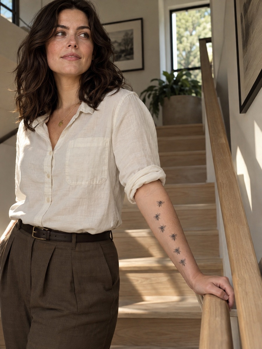 Swarm of five tiny fine-line bee tattoos drifting up the forearm