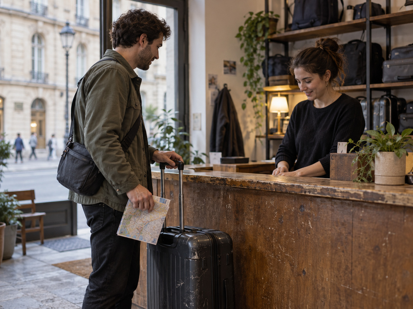 Traveler dropping off a suitcase before exploring the city on foot
