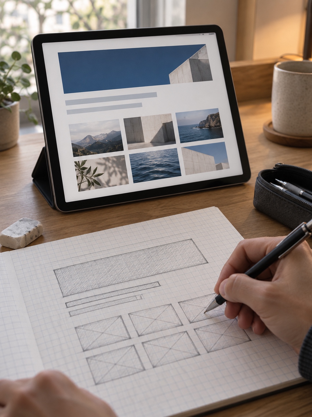Title brief then the sections Tablet shows a project page with a large title block and image grid, beside a pencil sketch of the same page structure on paper | Sky Rye Design Tablet shows a project page with a large title block and image grid, beside a pencil sketch of the same page structure on paper