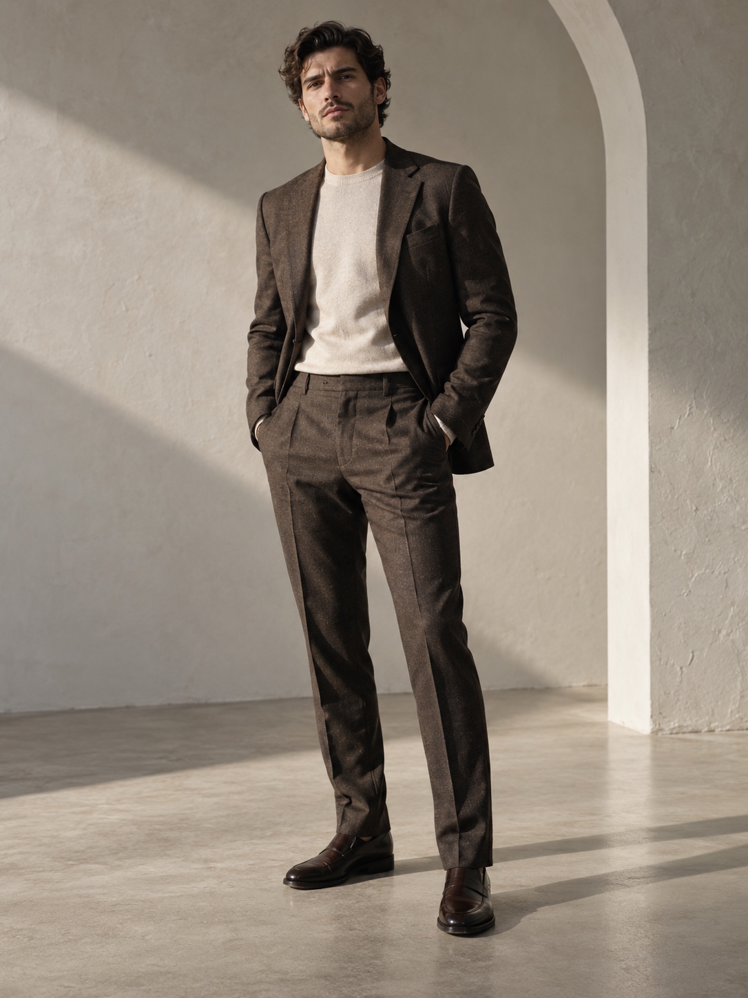 Tailored fashion look in a minimalist studio Model in a tailored outfit standing in a minimalist studio with dramatic side light | Sky Rye Design Model in a tailored outfit standing in a minimalist studio with dramatic side light