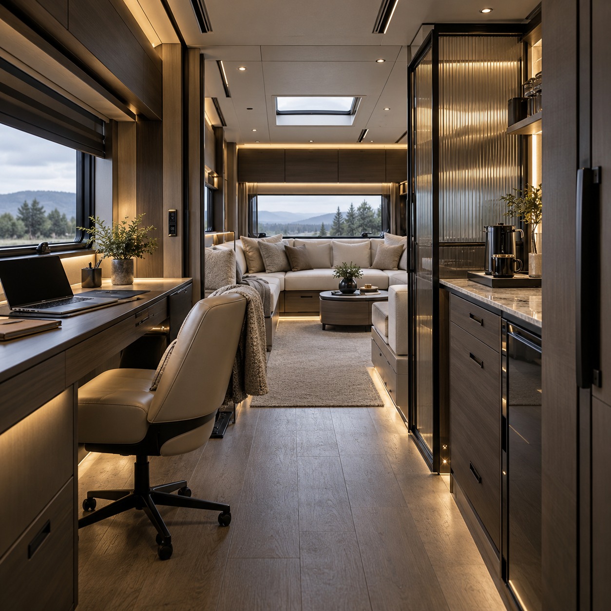 Talent-first motorhome layout with private rear lounge, screened preparation zone, and front office