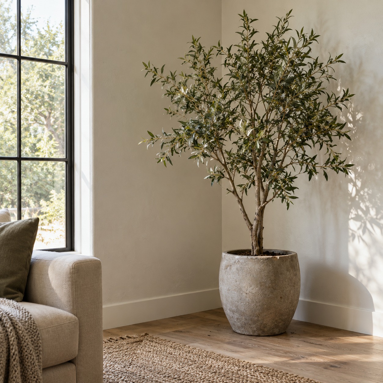 Tall indoor plant in a textured planter beside a living room window