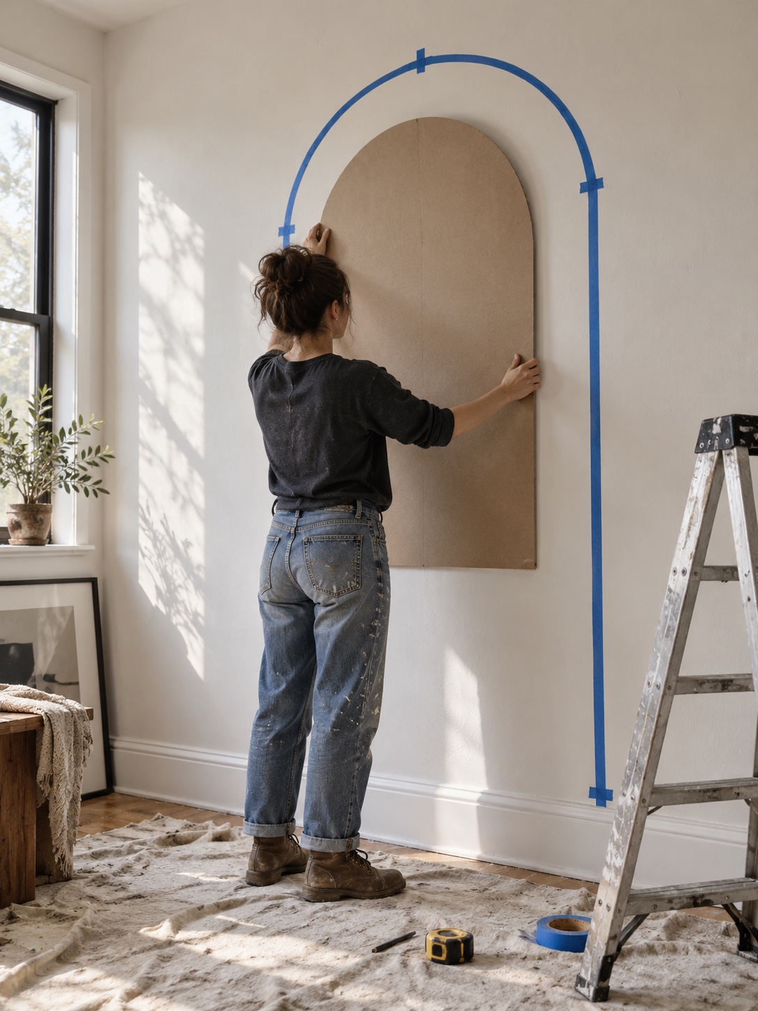 Taped arch cardboard template Painter's tape arch outline and a cardboard template against a wall | Sky Rye Design Painter's tape arch outline and a cardboard template against a wall