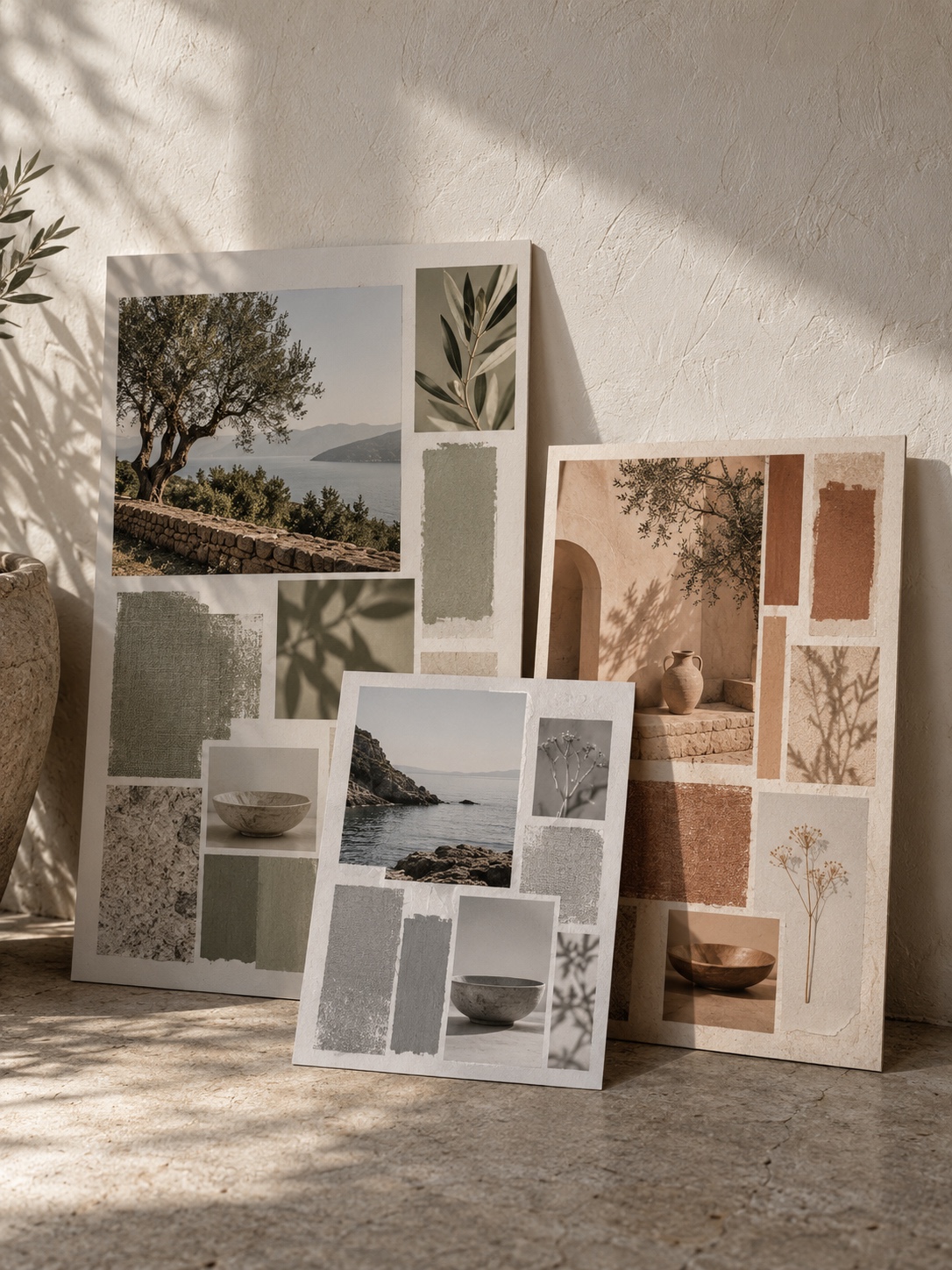 Three small separate printed boards of different sizes= Three small separate printed boards of different sizes leaning against a plaster wall, each with a different muted colour theme