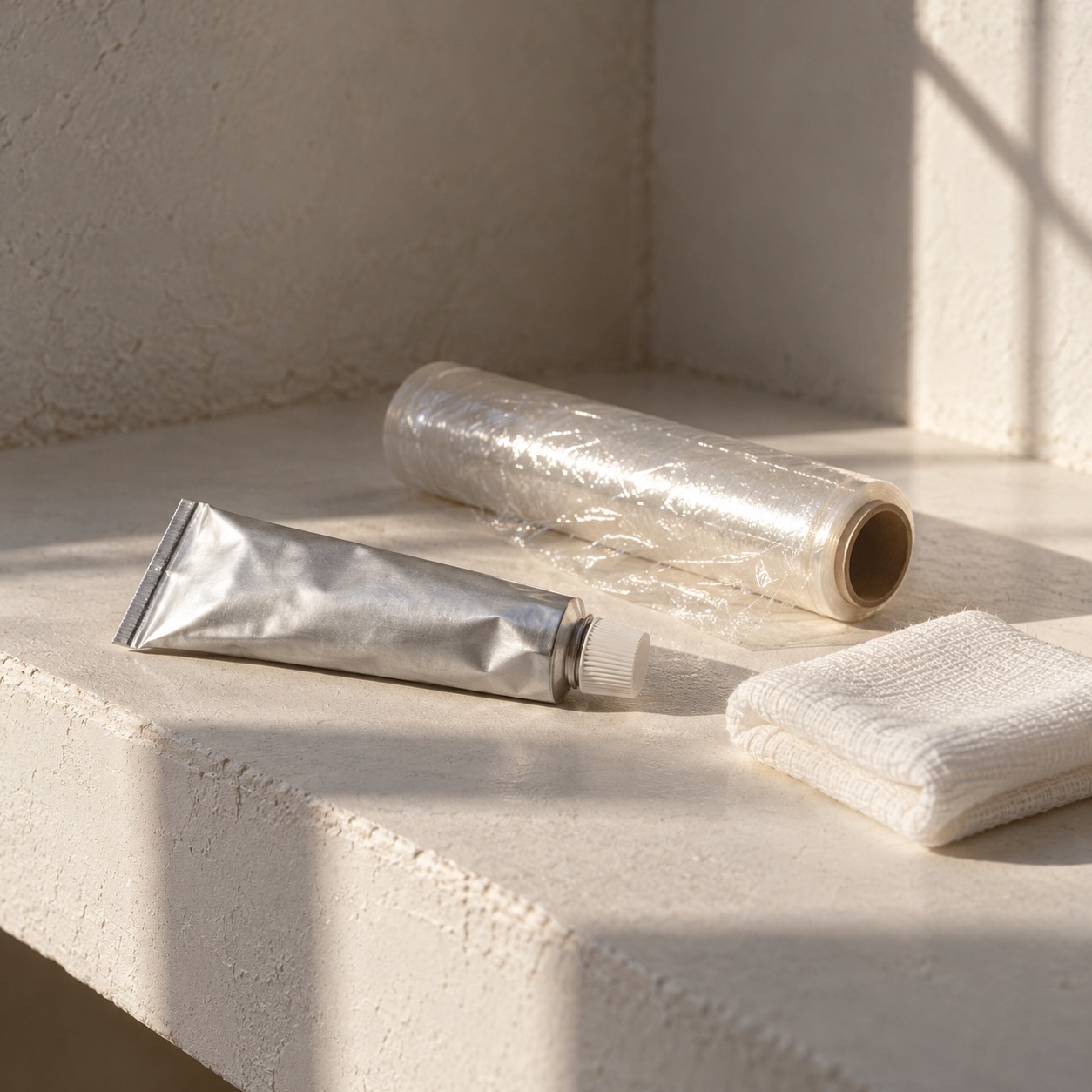 Unlabelled ointment tube, clear film and folded cloth on a plaster shelf