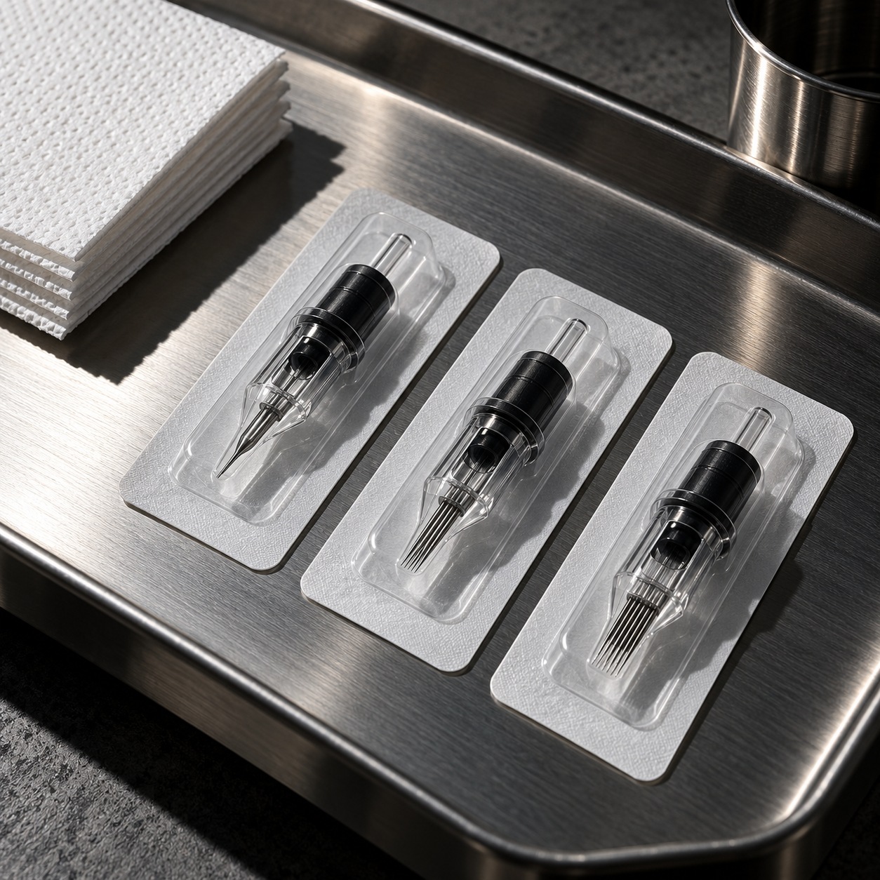 Three tattoo needle cartridges in individual sealed packs on a steel tray