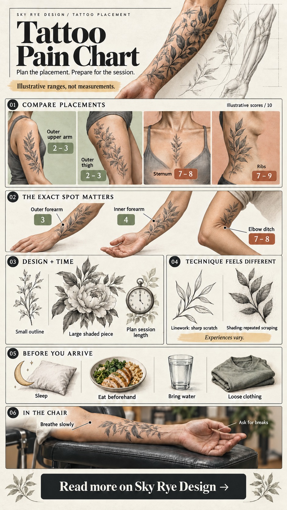 Vertical tattoo pain infographic comparing placements, design size, technique and session preparation