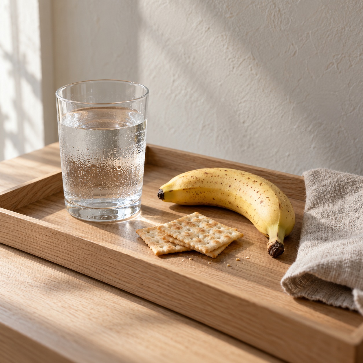 Water, banana and crackers on an oak tray before a tattoo appointment
