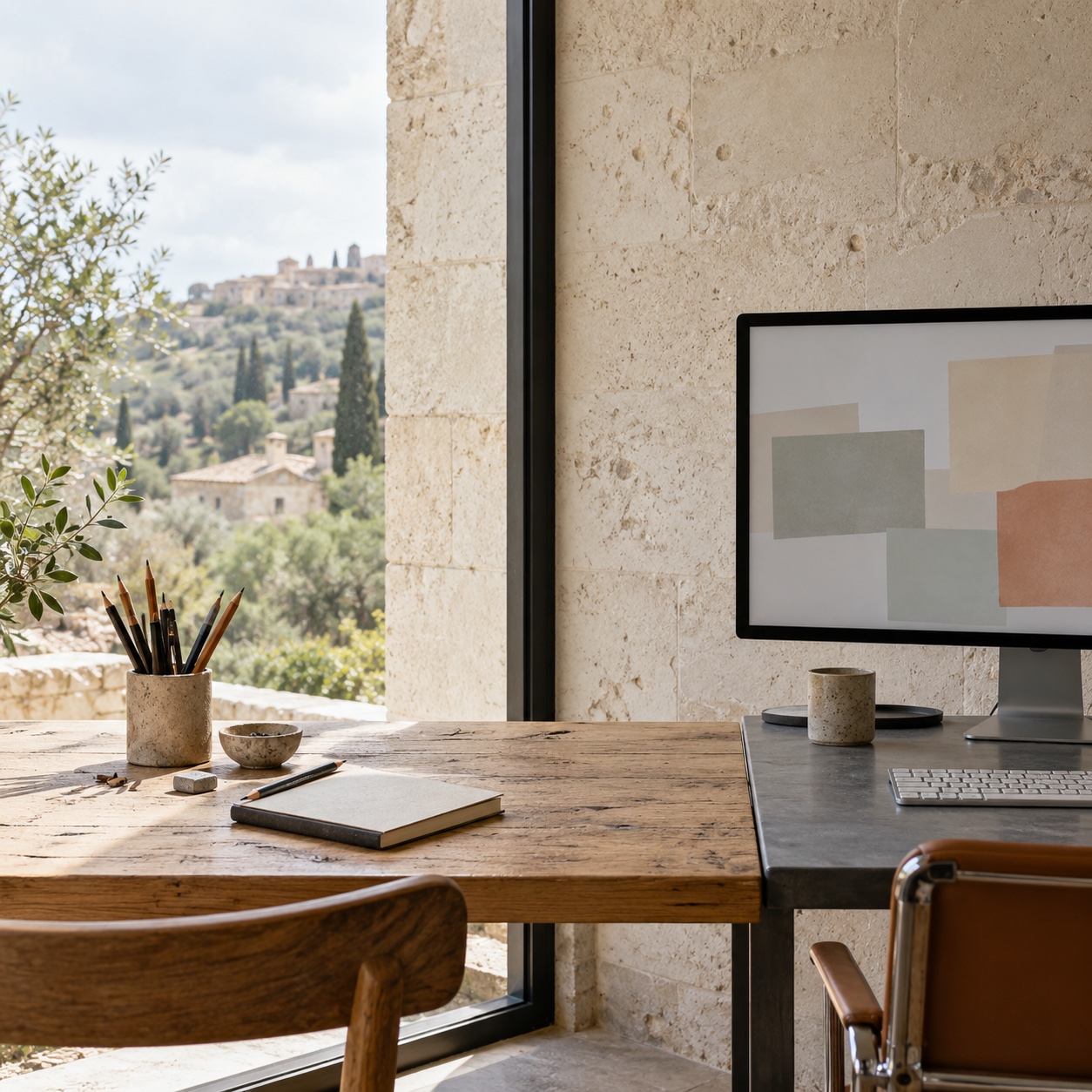 Teaching layer and editorial assets Art studio with a traditional drawing desk and a monitor displaying abstract color blocks. | Sky Rye Design Art studio with a traditional drawing desk and a monitor displaying abstract color blocks.