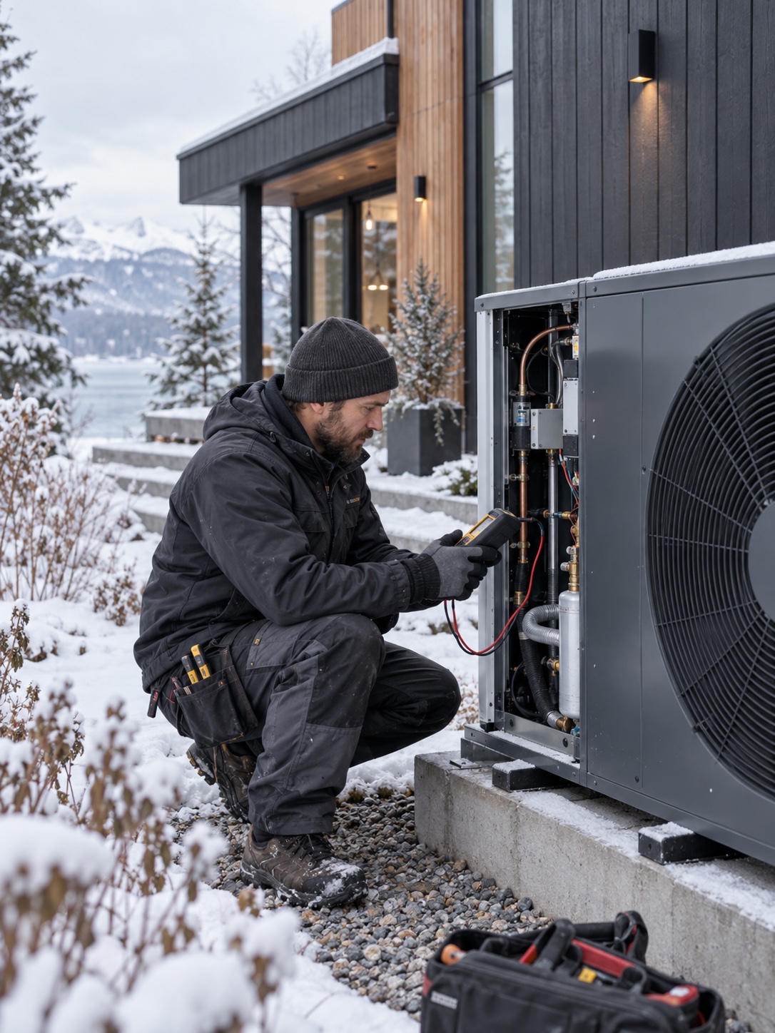 HVAC technician inspecting an outdoor unit beside a contemporary house