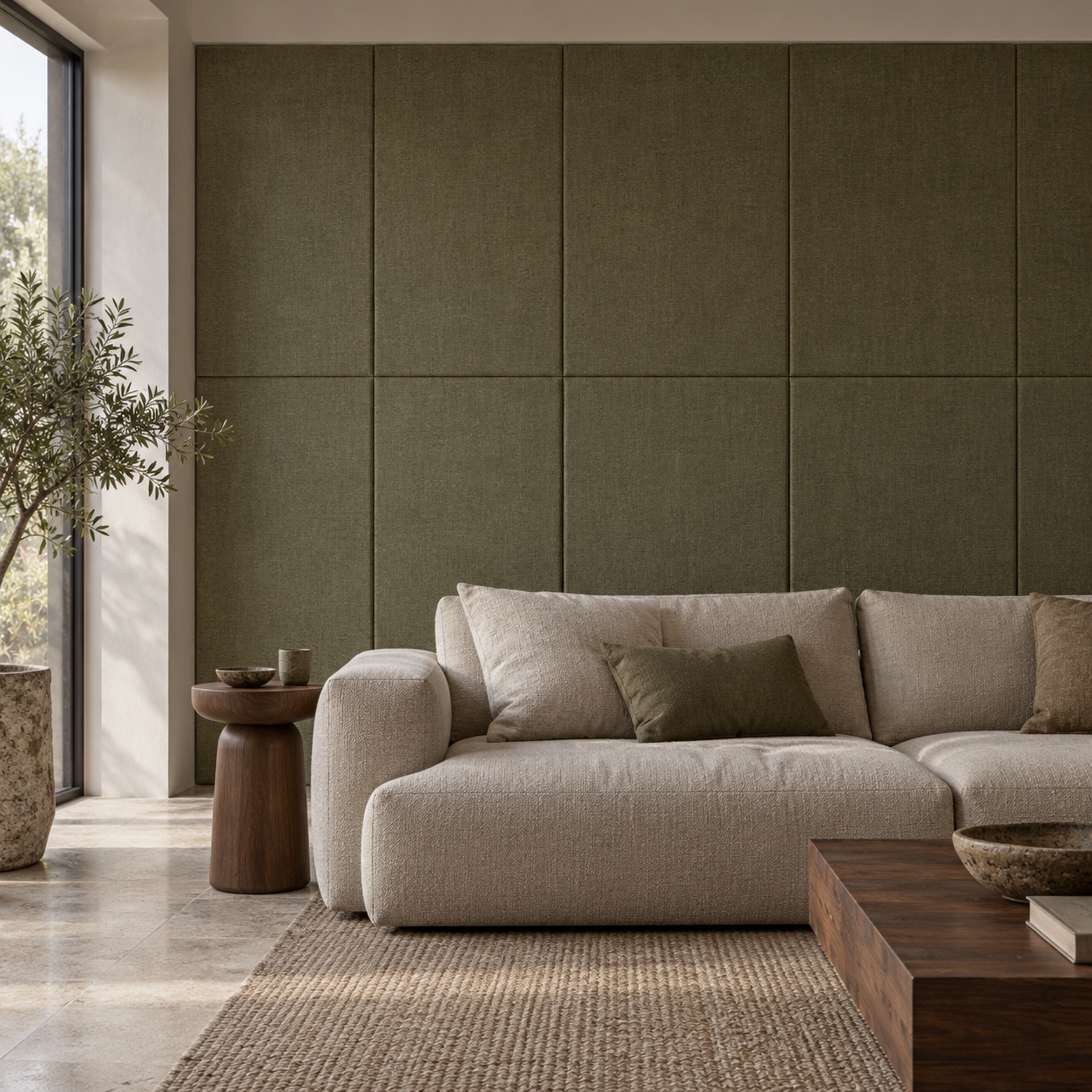 Large block of muted olive textile acoustic panels behind a low modern sofa