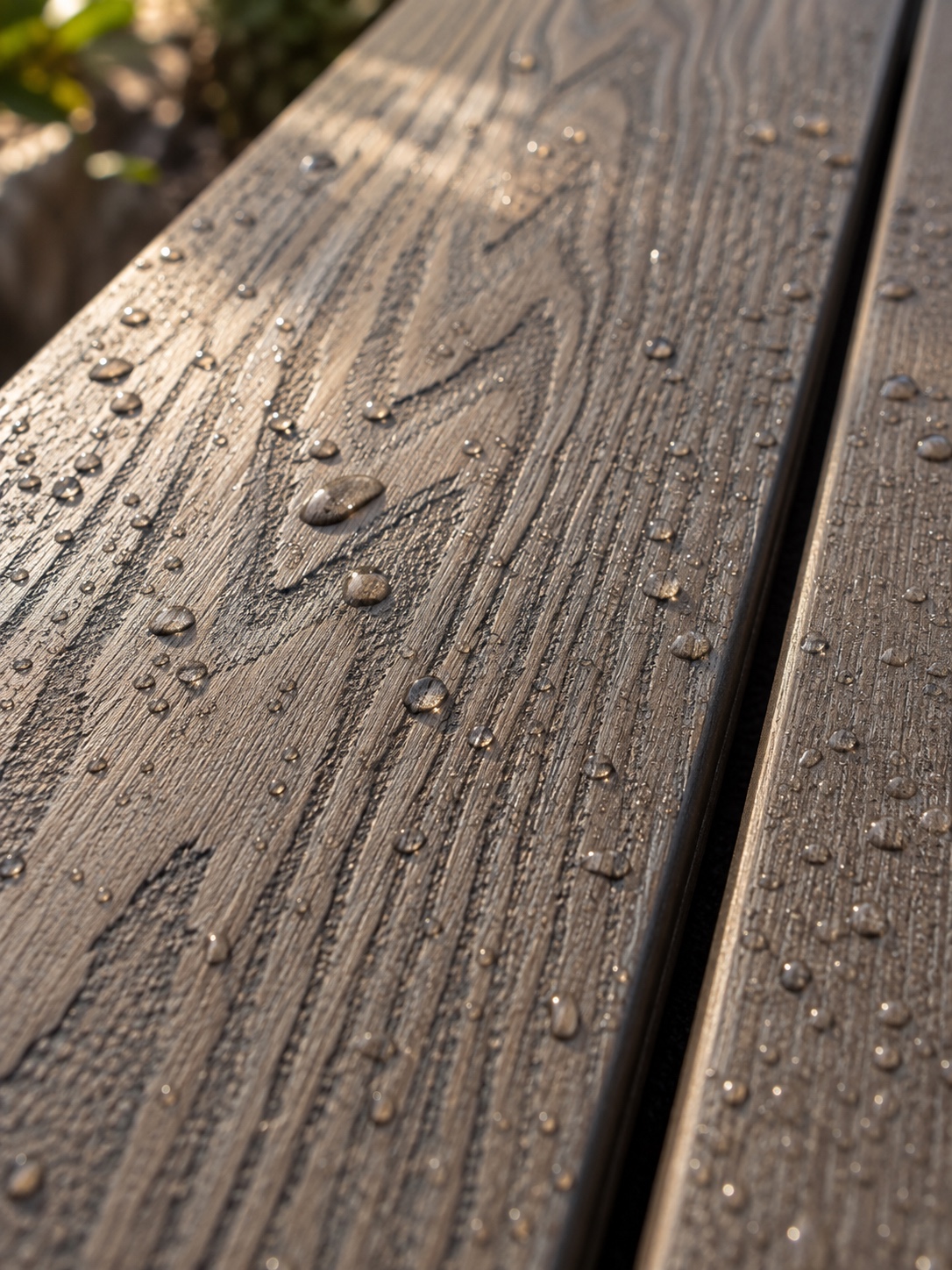 Textured Composite Decking with Water Beads Water beading on textured wood-grain composite decking | Sky Rye Design Water beading on textured wood-grain composite decking