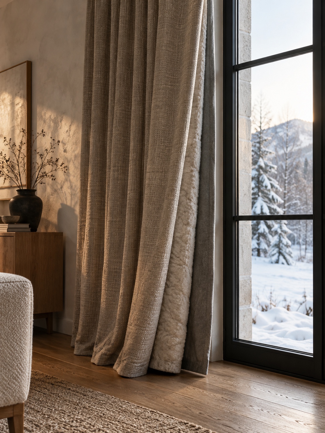 Thermal curtain partly drawn across a modern window in warm golden-hour light