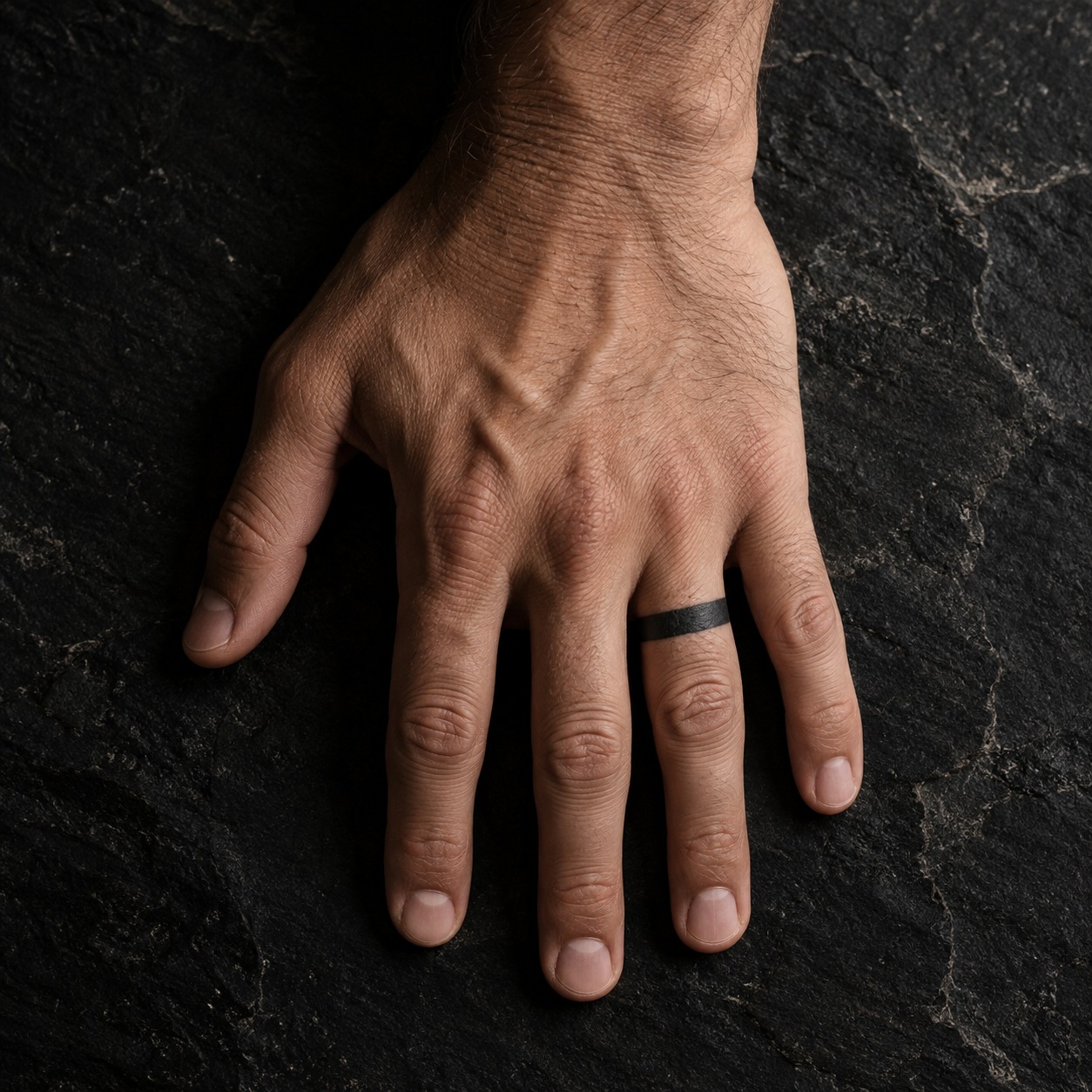 Man's ring finger with a thick solid black band tattoo on dark stone