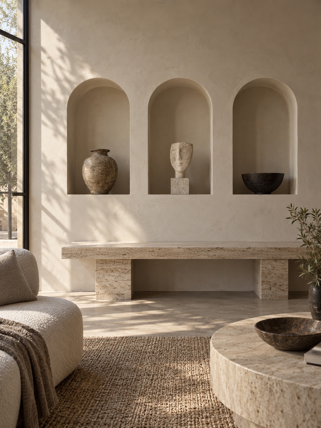 Three arched living room niches Three arched display niches above a travertine bench | Sky Rye Design Three arched display niches above a travertine bench