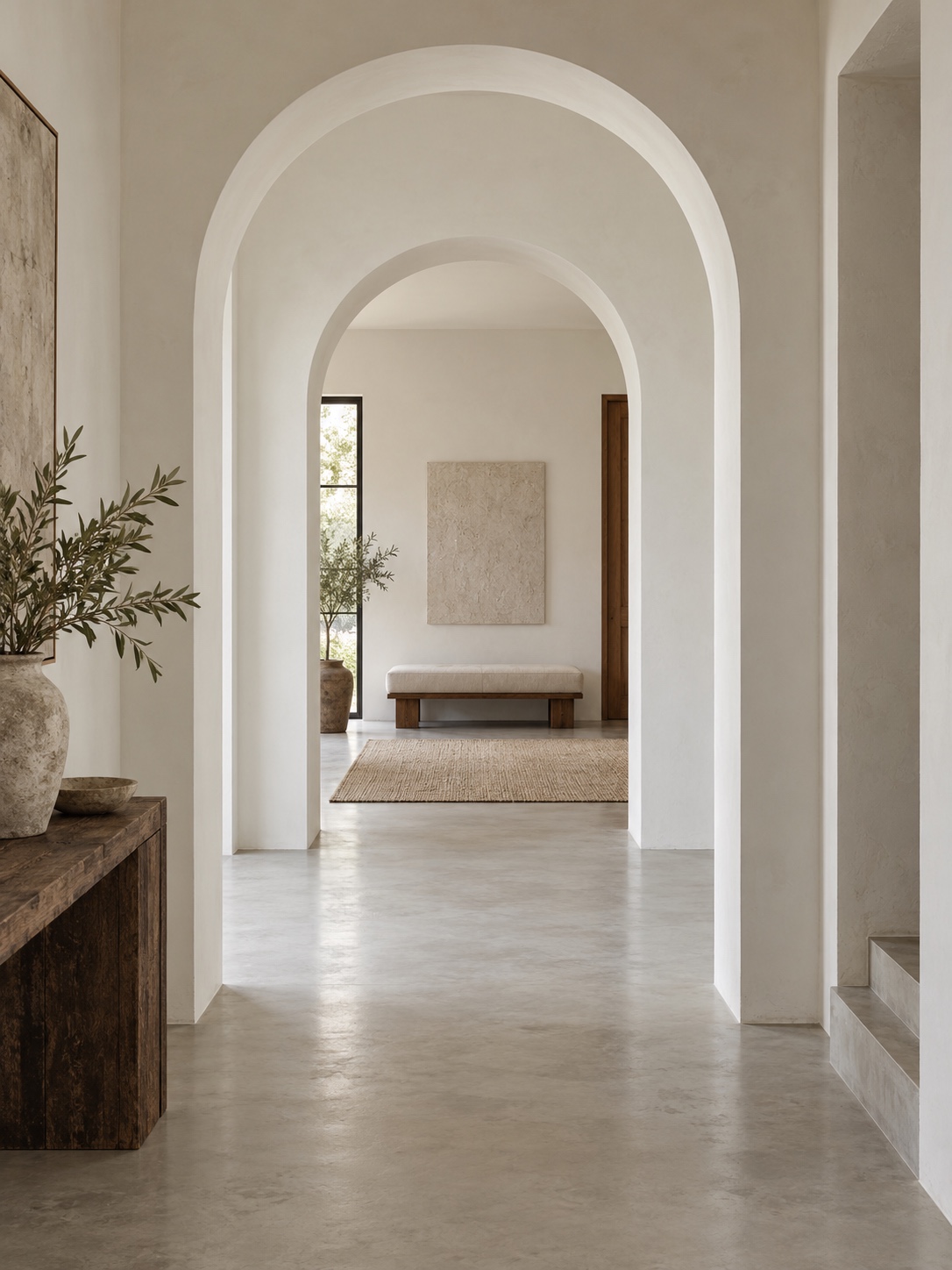 Three arches modern apartment White arches receding toward a bench in a modern apartment | Sky Rye Design White arches receding toward a bench in a modern apartment